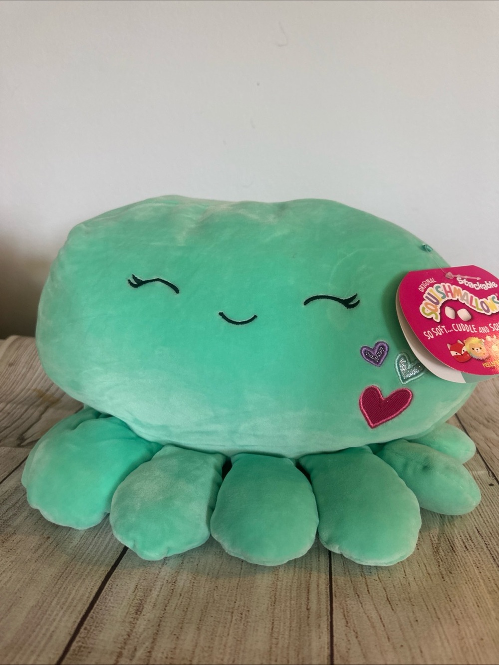 Mint Green Plush Octopus Pillow with Heart Patches Olina 12” Squishmallow